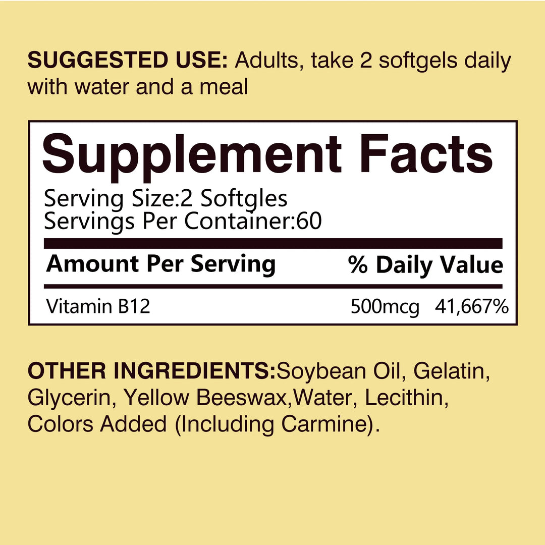 Vitamin B12 500mcg - Energy Metabolism, Support Nervous System, Sleep Health, Improve Mood - 120 Capsules