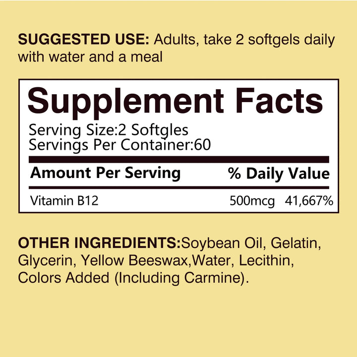 Vitamin B12 500mcg - Energy Metabolism, Support Nervous System, Sleep Health, Improve Mood - 120 Capsules