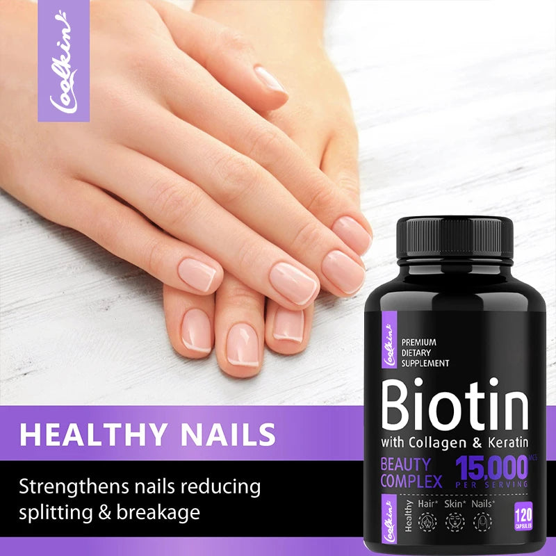 Biotin Collagen Capsules - Helps Enhance Healthy Hair, Skin, Nails, Antioxidant - 120 Capsules