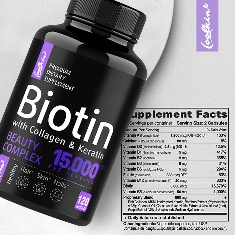 Biotin Collagen Capsules - Helps Enhance Healthy Hair, Skin, Nails, Antioxidant - 120 Capsules