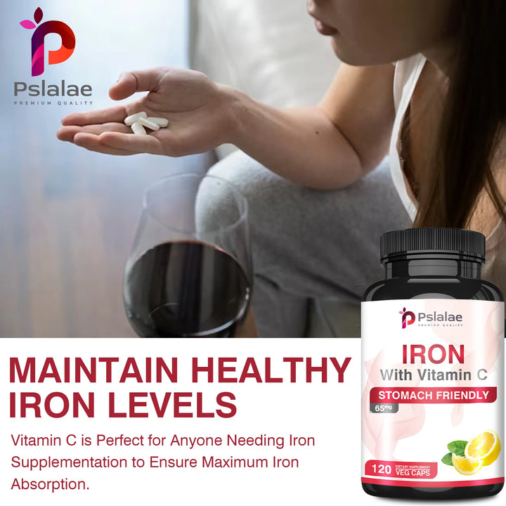 Iron and Vitamin C Supplements - Increase Energy, Improve Focus, and Improve Immune Function - 120 Capsules
