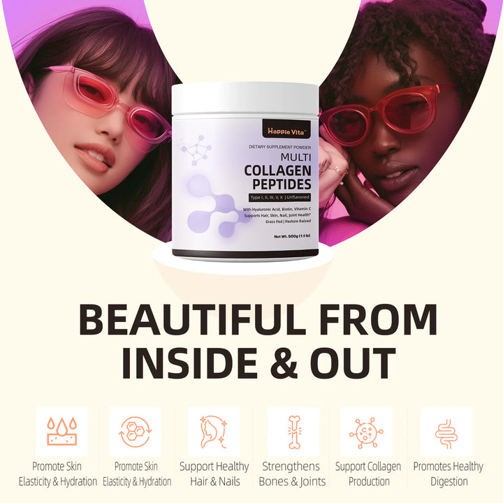 Multi Collagen Peptides Powder with Biotin, Hyaluronic Acid, Vitamin C for Healthy Hair, Skin, Nails, Joint, Unflavored 1.1 lbs