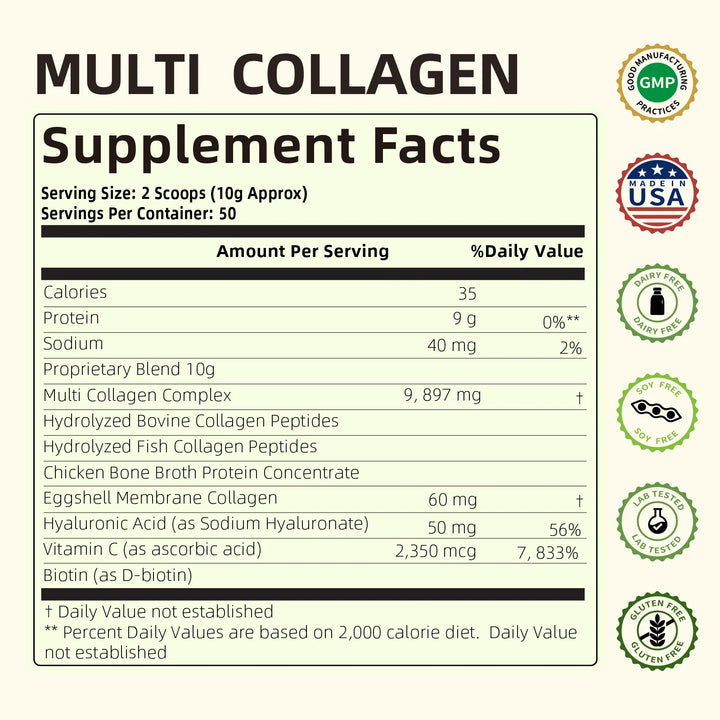 Multi Collagen Peptides Powder with Biotin, Hyaluronic Acid, Vitamin C for Healthy Hair, Skin, Nails, Joint, Unflavored 1.1 lbs