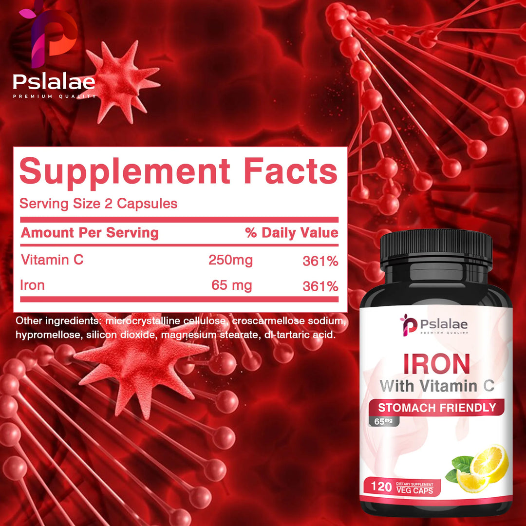Iron and Vitamin C Supplements - Increase Energy, Improve Focus, and Improve Immune Function - 120 Capsules
