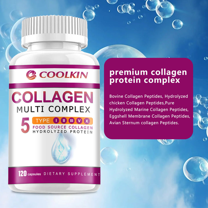 Collagen Complex - with Types I, II, III, V, X - for Healthy Hair, Bones, Cartilage, Skin & Nails - 120 Capsules
