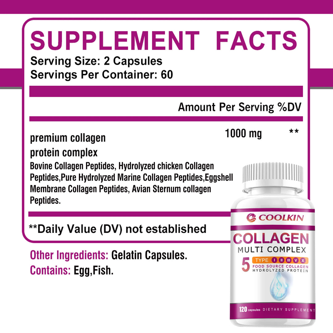 Collagen Complex - with Types I, II, III, V, X - for Healthy Hair, Bones, Cartilage, Skin & Nails - 120 Capsules