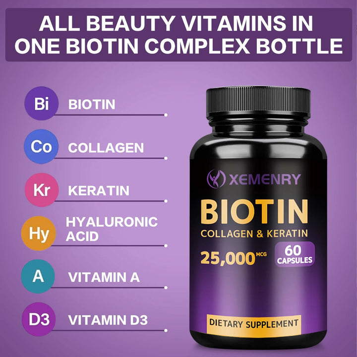 Biotin Capsules - With Hyaluronic Acid, Collagen & Keratin - for Hair, Skin, Nail Health - 60 Capsules
