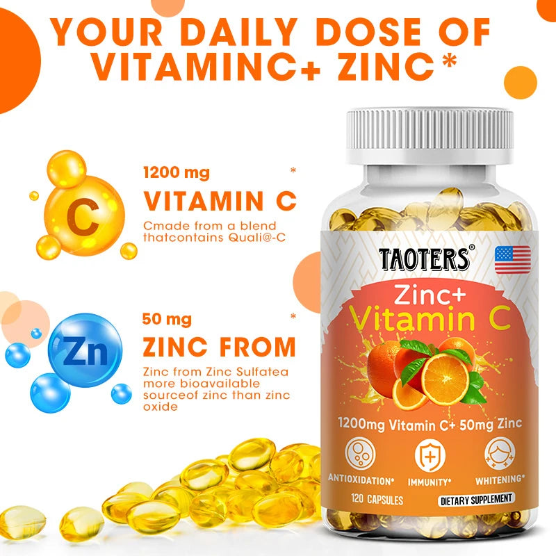 Vitamin C 1200mg with Zinc 50mg Supplement Supports Cellular Energy Antioxidant Protection Collagen Skin & Immunity 120 Capsules