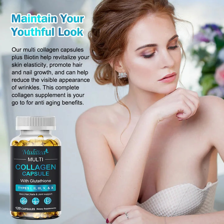 Mulittea Multiple collagen with Biotin Support Anti-aging Skin Hair Nails and Joints Health Antioxidant Skin Firming Support
