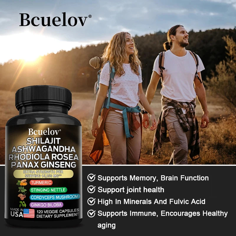 Shilajit Resin Himalaya Capsules - 15250 mg - Combination of Ashwagandha, Ginseng, Cordyceps, Ginkgo, Turmeric