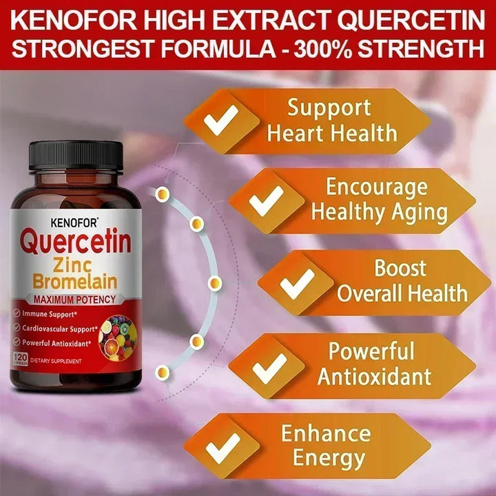 Quercetin Supplements, Containing Bromelain and Zinc, Anti-aging, Immune Support, Improved Digestion, Cardiovascular Health