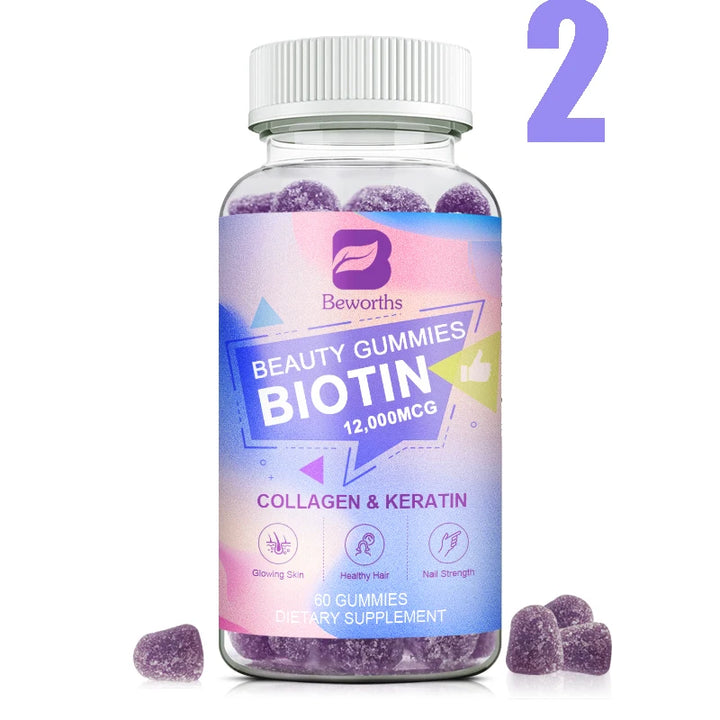 BEWORTHS Collagen Biotin Gummies Biotin for Hair Growth Strengthen Hair Roots & Nails Prevente Hair Loss Skin Care Beauty Health