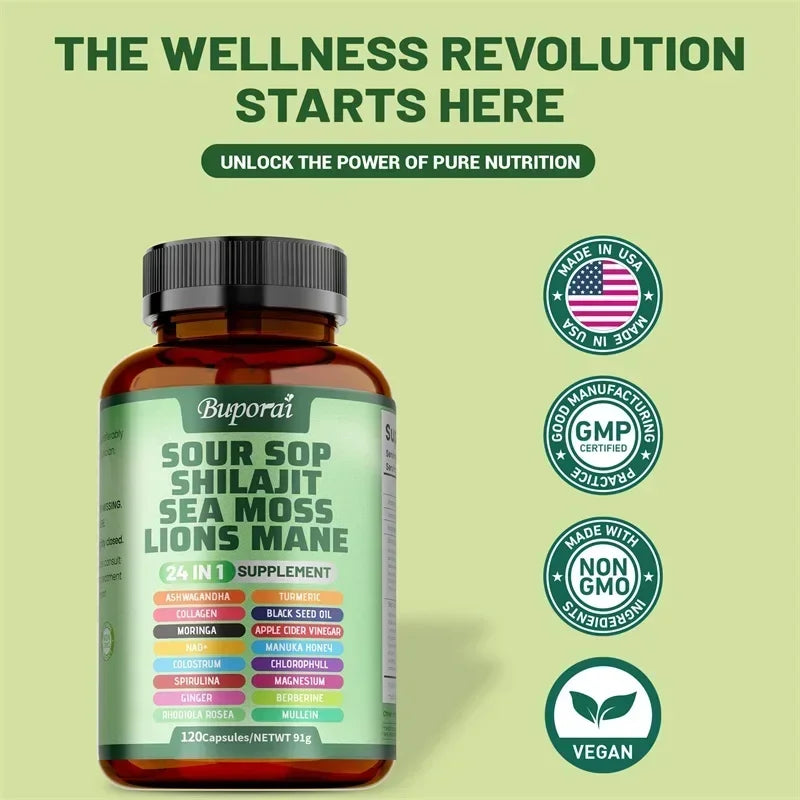 24-In-1 Soursop Supplement - Boosts Energy, Cell Support & Regeneration, Antioxidants, Improve Skin Health, Skin Vitality