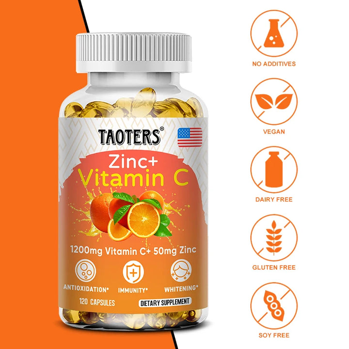 Vitamin C 1200mg with Zinc 50mg Supplement Supports Cellular Energy Antioxidant Protection Collagen Skin & Immunity 120 Capsules