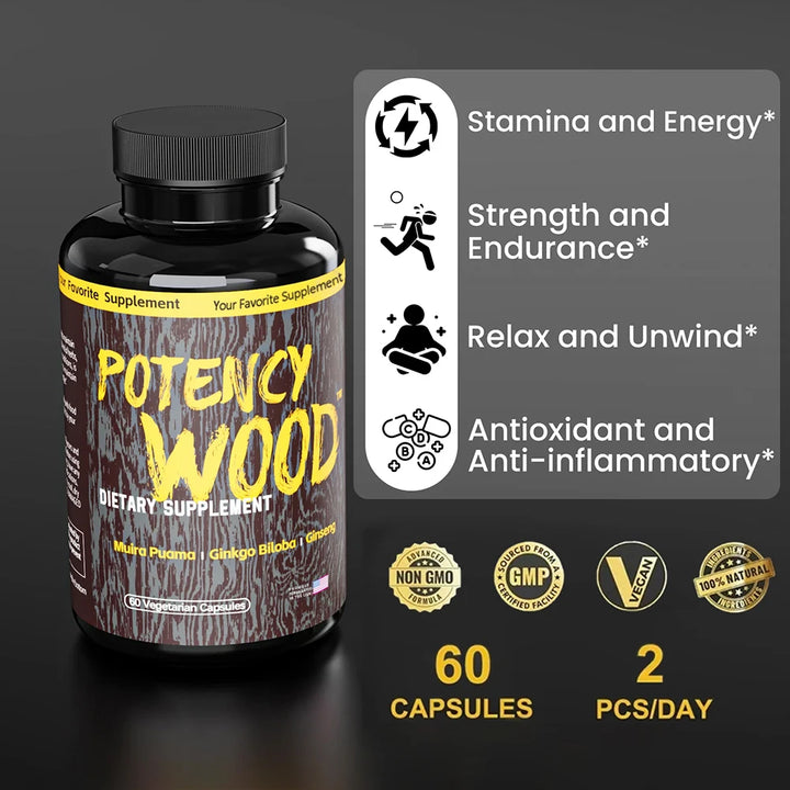 Potency Wood Vitality Boost Capsules - Energy, Libido, Focus Supplement - Ginseng Ashwagandha, Herbal Supplements 60 Capsules