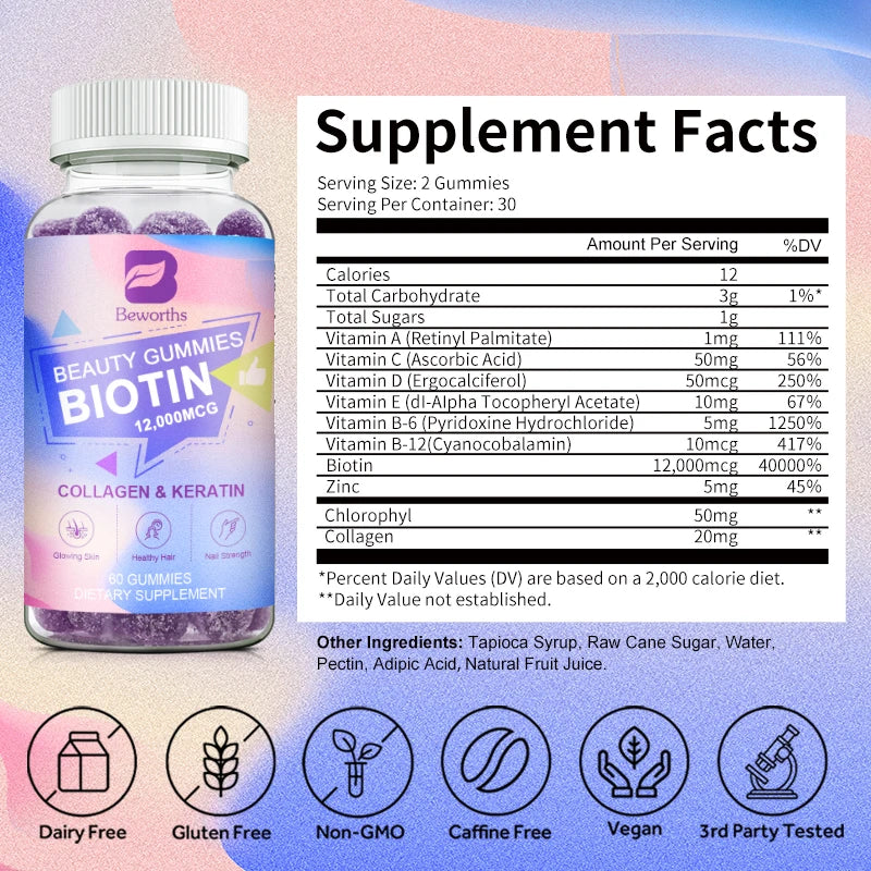 BEWORTHS Collagen Biotin Gummies Biotin for Hair Growth Strengthen Hair Roots & Nails Prevente Hair Loss Skin Care Beauty Health