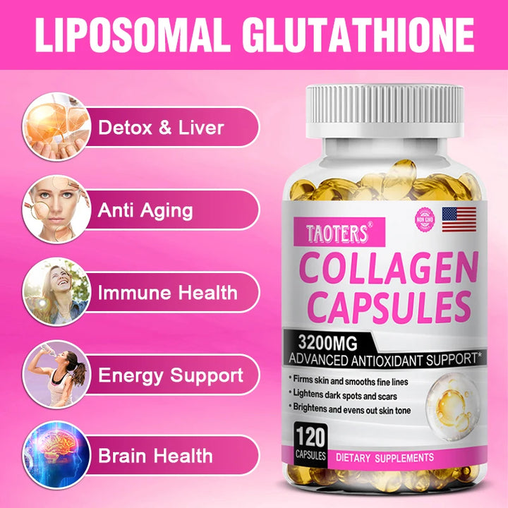 Collagen Supplements - Contains glutathione, an antioxidant that brightens and firms skin and supports healthy hair and nails