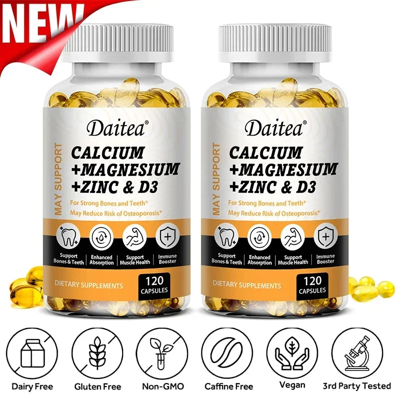 Daitea Calcium Magnesium Zinc Capsules Vitamin D3 helps support bones, teeth, heart, and enhance immune system function.