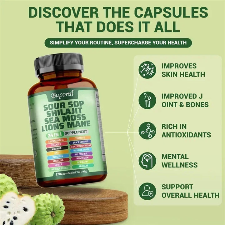24-In-1 Soursop Supplement - Boosts Energy, Cell Support & Regeneration, Antioxidants, Improve Skin Health, Skin Vitality