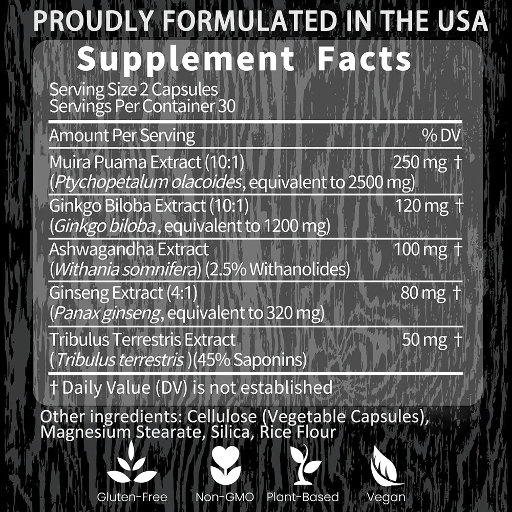 Potency Wood Vitality Boost Capsules - Energy, Libido, Focus Supplement - Ginseng Ashwagandha, Herbal Supplements 60 Capsules