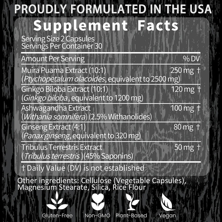 Potency Wood Vitality Boost Capsules - Energy, Libido, Focus Supplement - Ginseng Ashwagandha, Herbal Supplements 60 Capsules