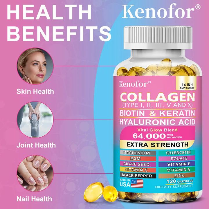 14 IN 1 Collagen Capsules - Biotin & Keratin Skin Care Product Booster Anti Aging Whitening Skin Nail and Hair Care Supplement