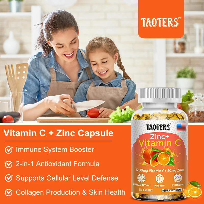 Vitamin C 1200mg with Zinc 50mg Supplement Supports Cellular Energy Antioxidant Protection Collagen Skin & Immunity 120 Capsules