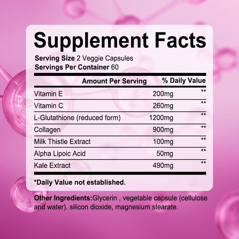 Collagen Supplements - Contains glutathione, an antioxidant that brightens and firms skin and supports healthy hair and nails