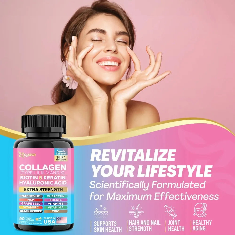 Collagen Types I, II, III, V and X Peptides, Biotin, Keratin, Hyaluronic Acid, MSM, Vitamin A, Vitamin C, Quercetin and More