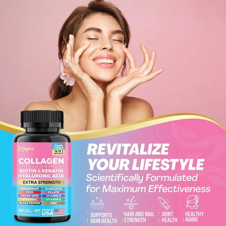 Collagen Types I, II, III, V and X Peptides, Biotin, Keratin, Hyaluronic Acid, MSM, Vitamin A, Vitamin C, Quercetin and More