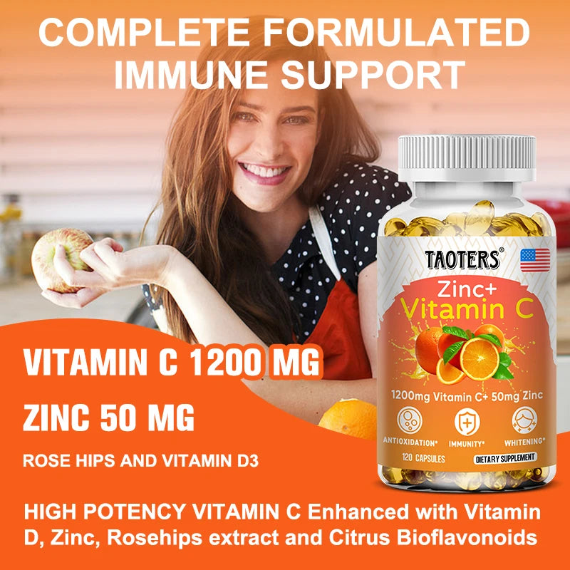Vitamin C 1200mg with Zinc 50mg Supplement Supports Cellular Energy Antioxidant Protection Collagen Skin & Immunity 120 Capsules