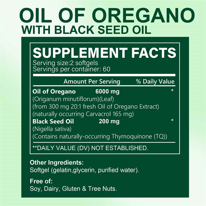 Oregano Oil Softgels 6000mg - with Black Seed Oil - Immune Support, Digestive Health, Antioxidant