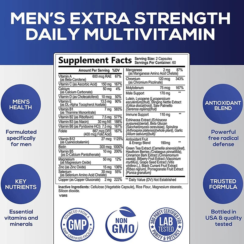 Men's Multivitamin Supplement - Provides Energy and Endurance Supports Heart, Brain Health and Vitality