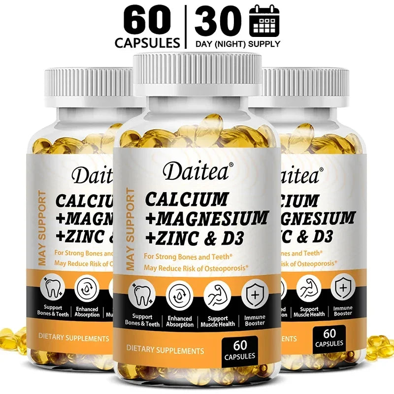 Daitea Calcium Magnesium Zinc Capsules Vitamin D3 helps support bones, teeth, heart, and enhance immune system function.