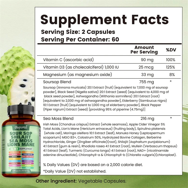 24-In-1 Soursop Supplement - Boosts Energy, Cell Support & Regeneration, Antioxidants, Improve Skin Health, Skin Vitality