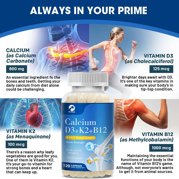 Kexinsh Vitamin D3K2 Capsules Vb12 Calcium Support Calcium Absorption Bone Teeth Heart Brain Health  Joints Immune Function