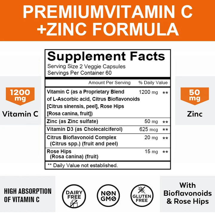 Vitamin C 1200mg with Zinc 50mg Supplement Supports Cellular Energy Antioxidant Protection Collagen Skin & Immunity 120 Capsules