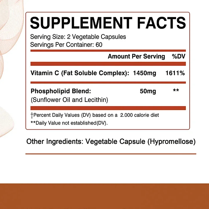 Liposomal Vitamin C - Anti-oxidation and Anti-aging, Improve Skin Condition, Reduce Wrinkles, Moisturize Skin - 120 Capsules