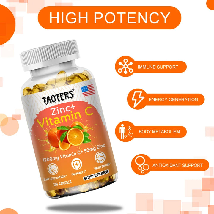 Vitamin C 1200mg with Zinc 50mg Supplement Supports Cellular Energy Antioxidant Protection Collagen Skin & Immunity 120 Capsules