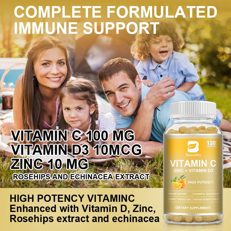 BEWORTHS Vitamin C with Zinc Capsules Vitamin C 100MG, Zinc 10 Mg, for Immune Support Powerful Antioxidant & Energy Production