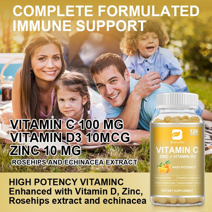 BEWORTHS Vitamin C with Zinc Capsules Vitamin C 100MG, Zinc 10 Mg, for Immune Support Powerful Antioxidant & Energy Production