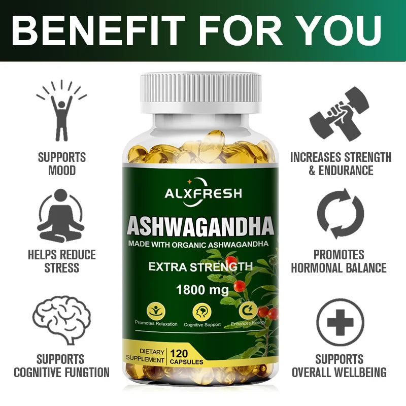 Alxfresh Pure Ashwagandha Root Extract Capsules 1800mg for Natural Mood, Stress, Focus, Brain, Energy , Sleep Health Support
