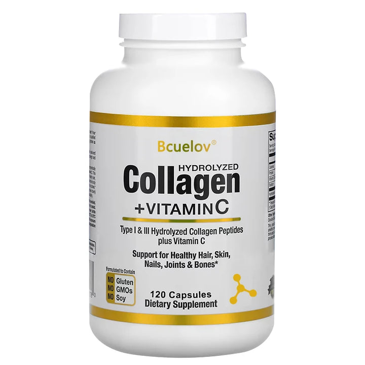 Bcuelov Type I & III Hydrolyzed Collagen Peptides Plus Vitamin C Supports Healthy Hair, Skin, Nails, Joints & Bones