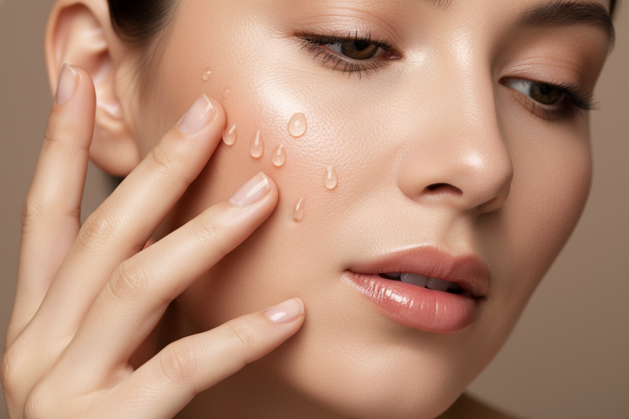 sexy girl using skin care serum girl face close view 